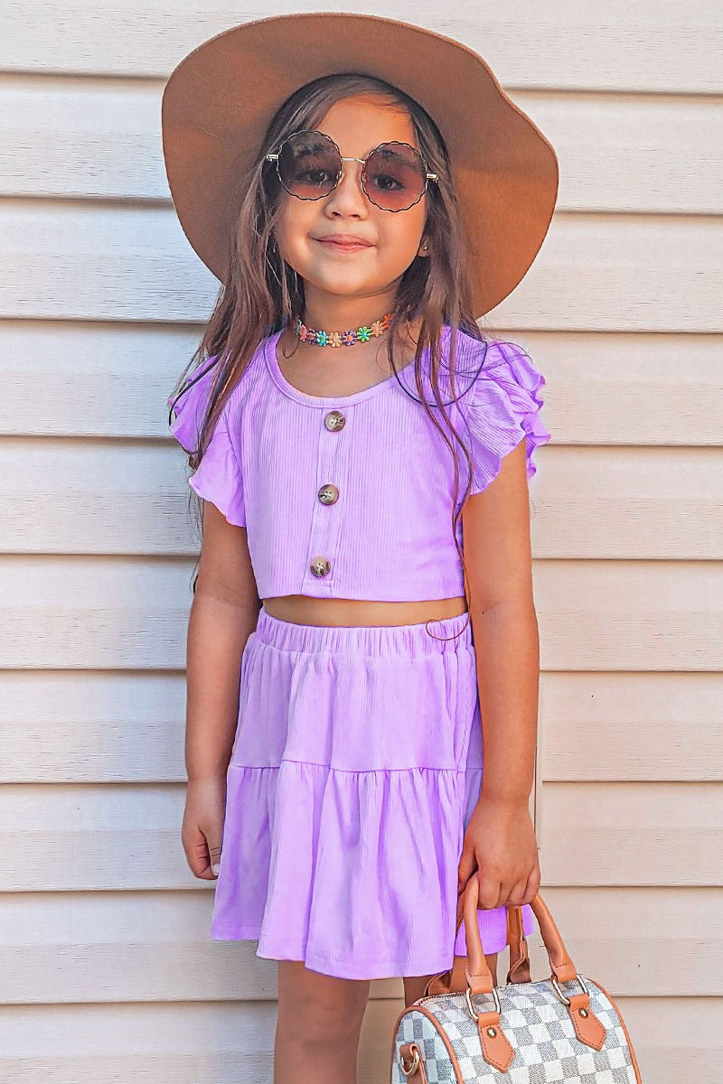 Girls 2 pc Ribbed Skirt with Ruffle Sleeve Top
