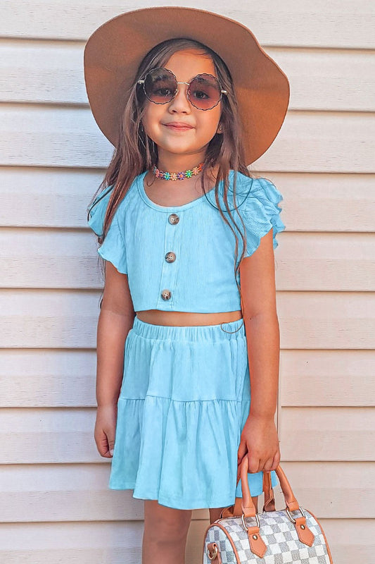 Girls 2 pc Ribbed Skirt with Ruffle Sleeve Top