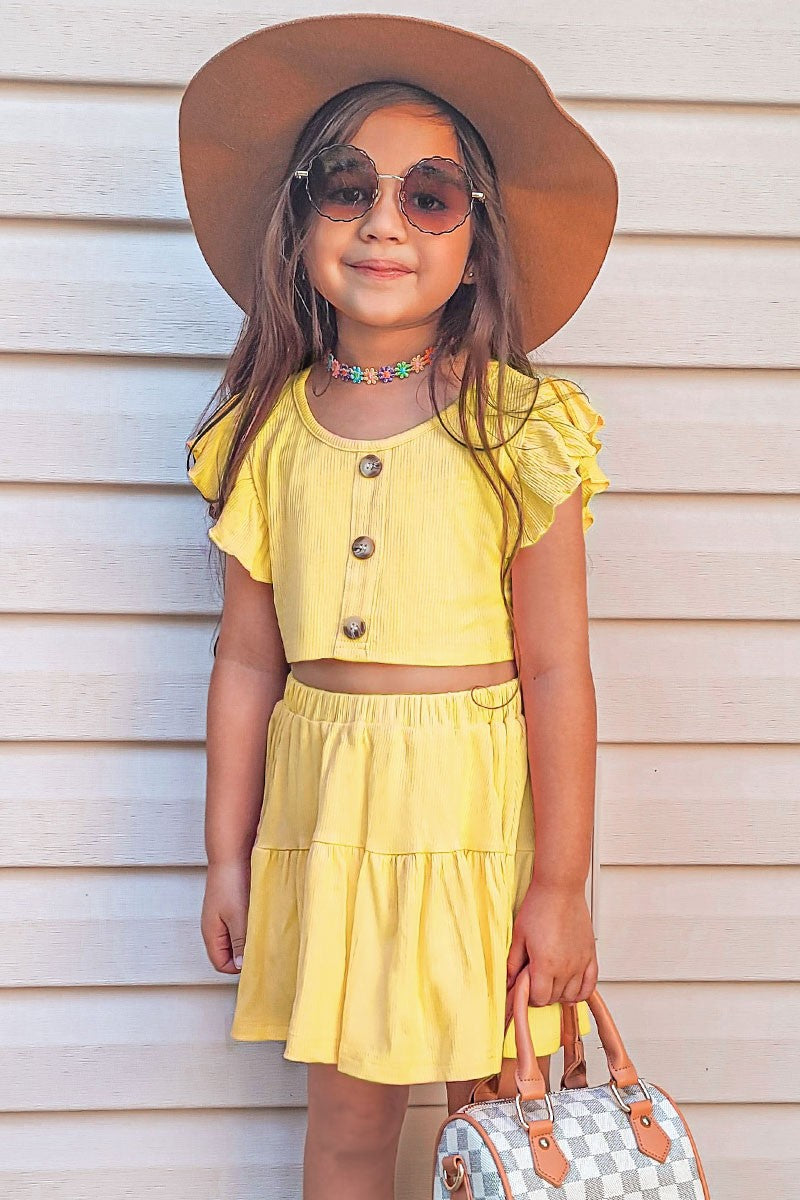 Girls 2 pc Ribbed Skirt with Ruffle Sleeve Top