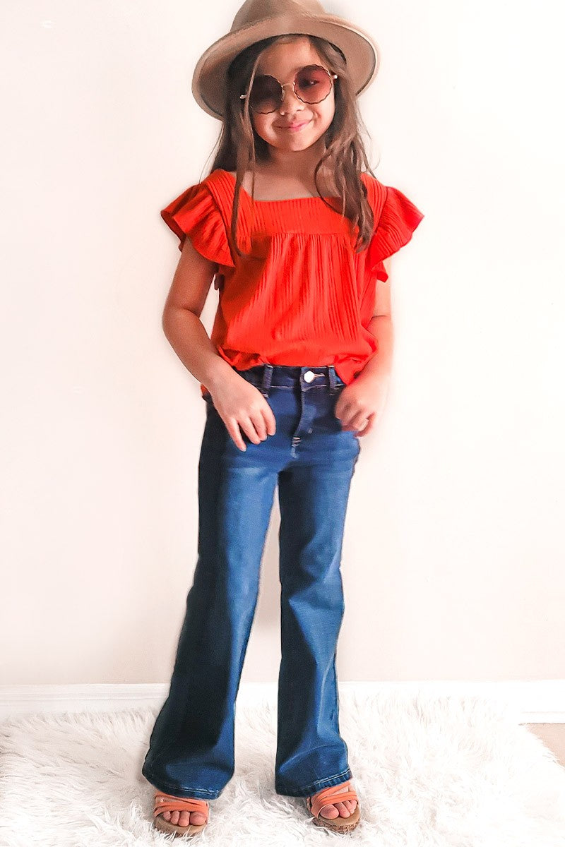 Girls Ribbed Top w/Square Neck and Ruffle