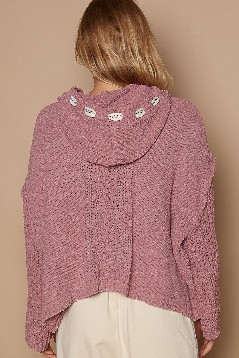 V-Neck Hooded Chenille Pullover Sweater