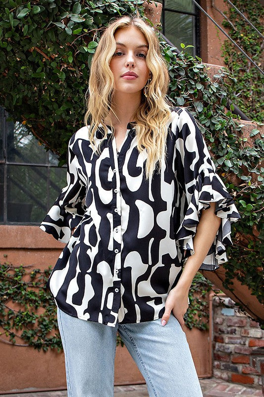 Geometric Print Ruffled Bell Sleeve Woven Blouse