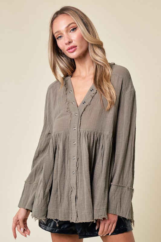 Edge Washed Long Sleeve Button Down Shirt