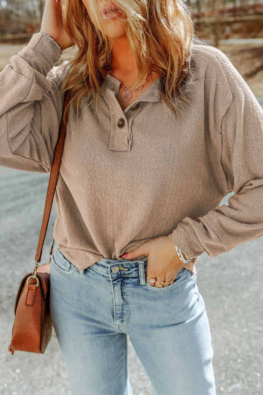 Button Split Neck Retro Patchwork Long Sleeve T