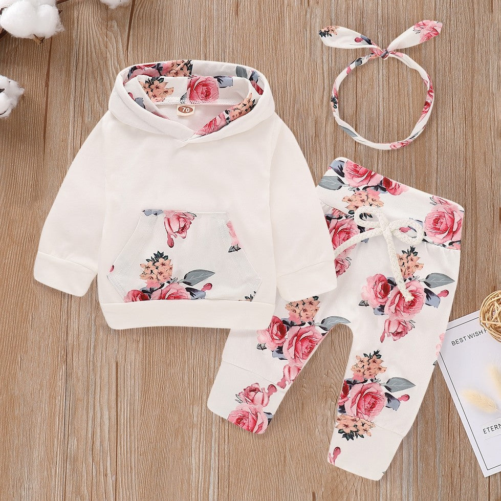 Baby Floral Hoodie, Pant and Headband Set