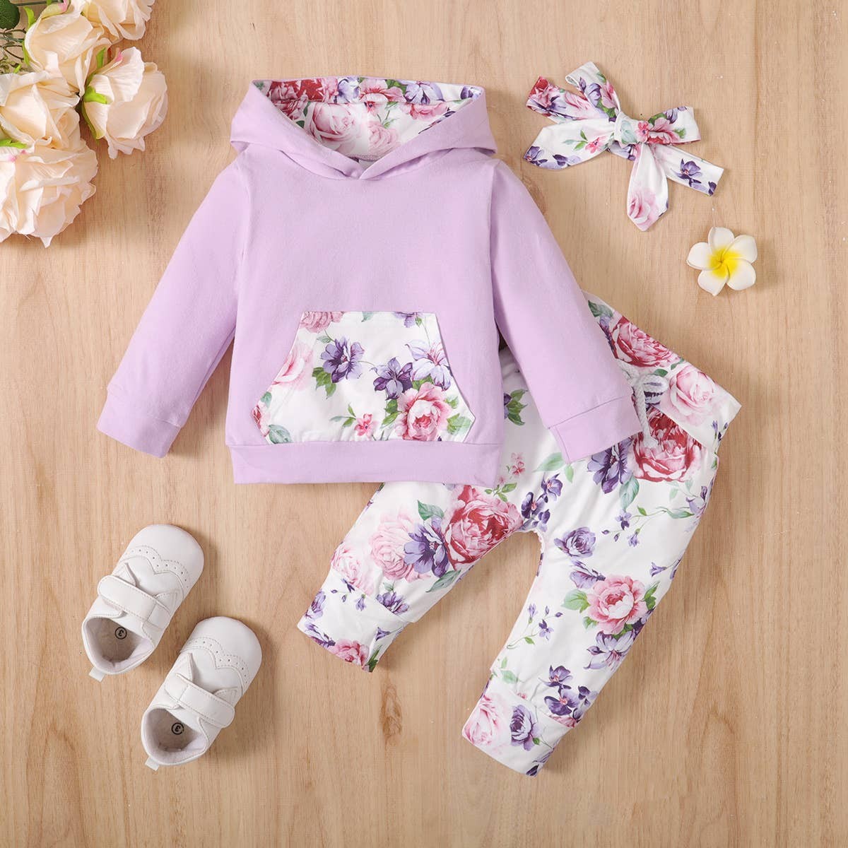 Baby Floral Hoodie, Pant and Headband Set