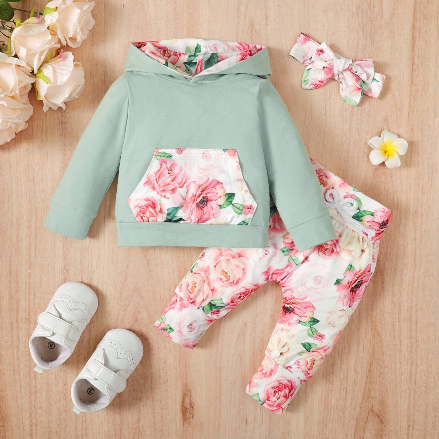 Baby Floral Hoodie, Pant and Headband Set