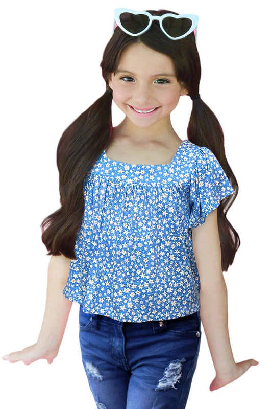 Girl's Floral Fashion Top W/ Square Neck & Ruffle Sleeve