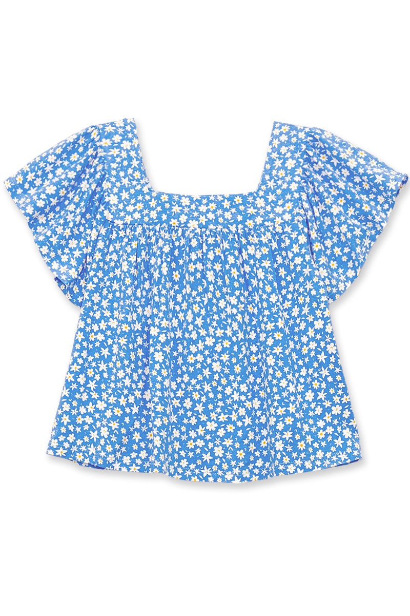 Girl's Floral Fashion Top W/ Square Neck & Ruffle Sleeve