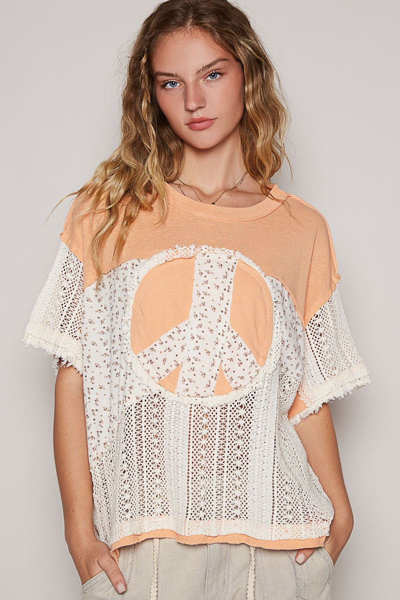 Oversized Crochet Print Peace Marl Round Neck Top