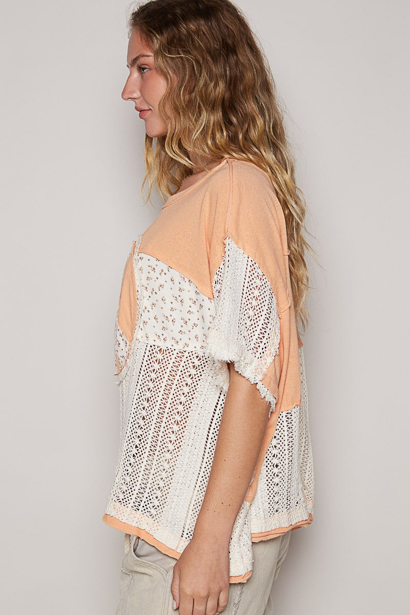 Oversized Crochet Print Peace Marl Round Neck Top