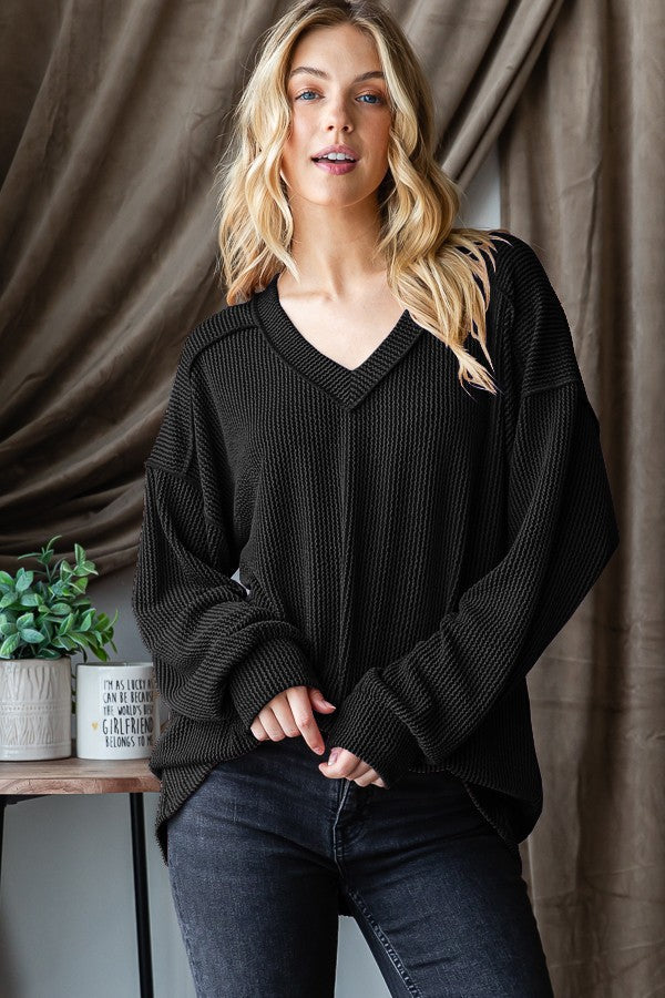 Ribbed Long Puff Sleeve V-Neck Top