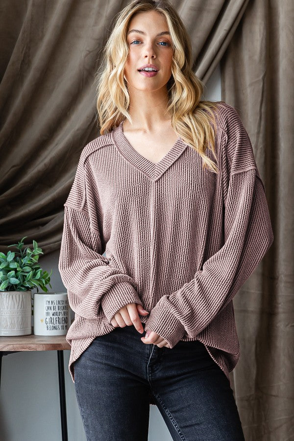 Ribbed Long Puff Sleeve V-Neck Top