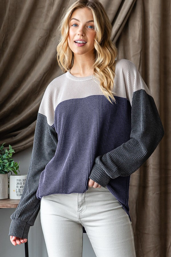 Ribbed Tri-Color Long Puff Sleeve Shirt