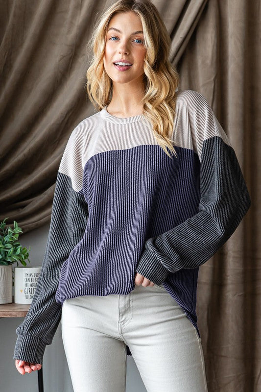Ribbed Tri-Color Long Puff Sleeve Shirt