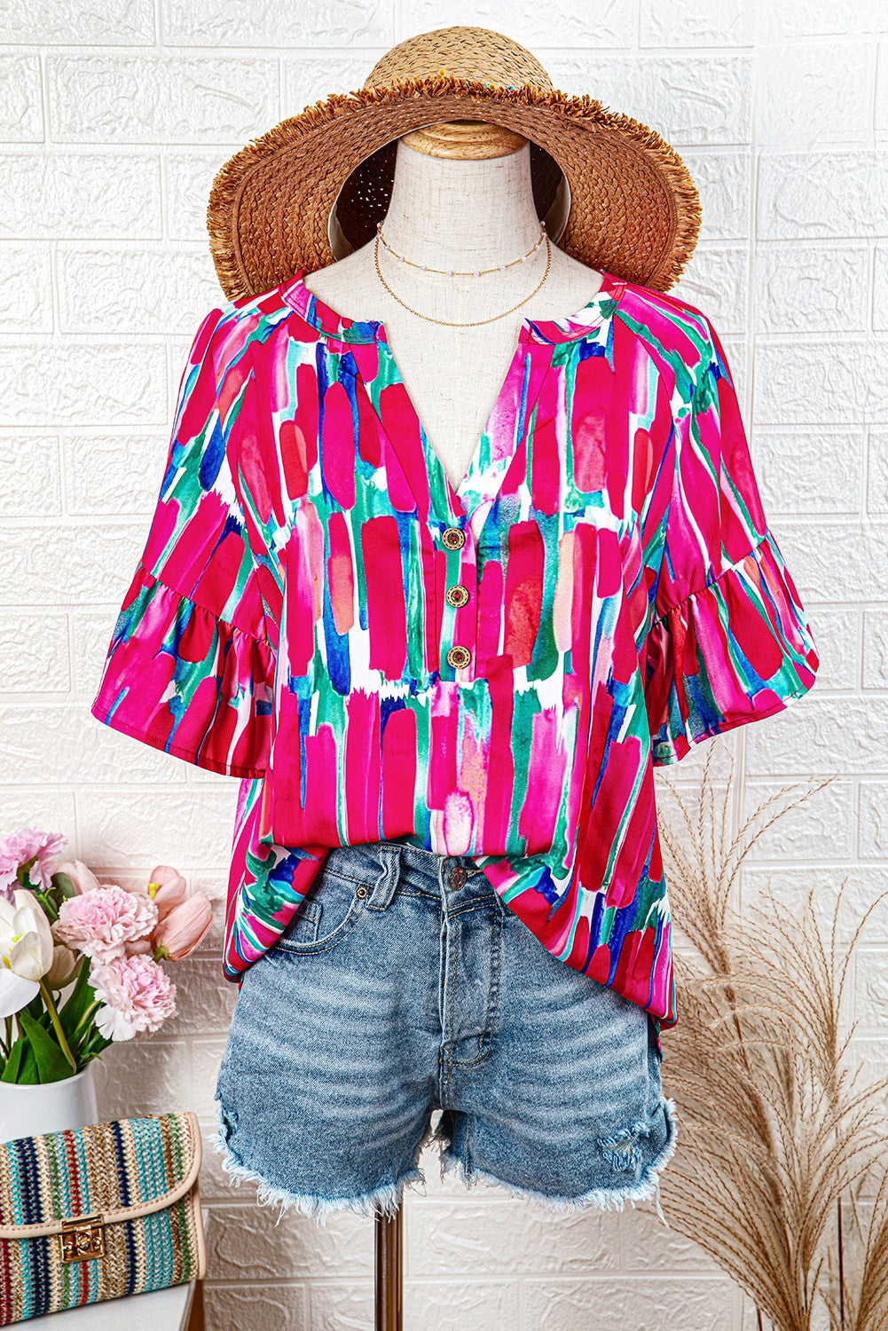 Abstract Brushwork Print Buttoned V-neck Blouse