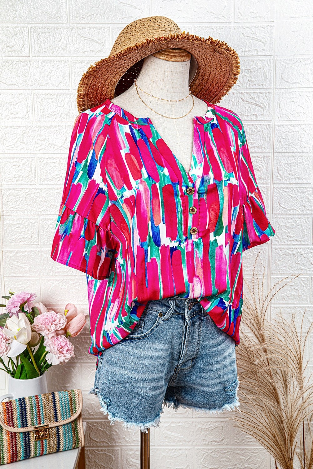 Abstract Brushwork Print Buttoned V-neck Blouse