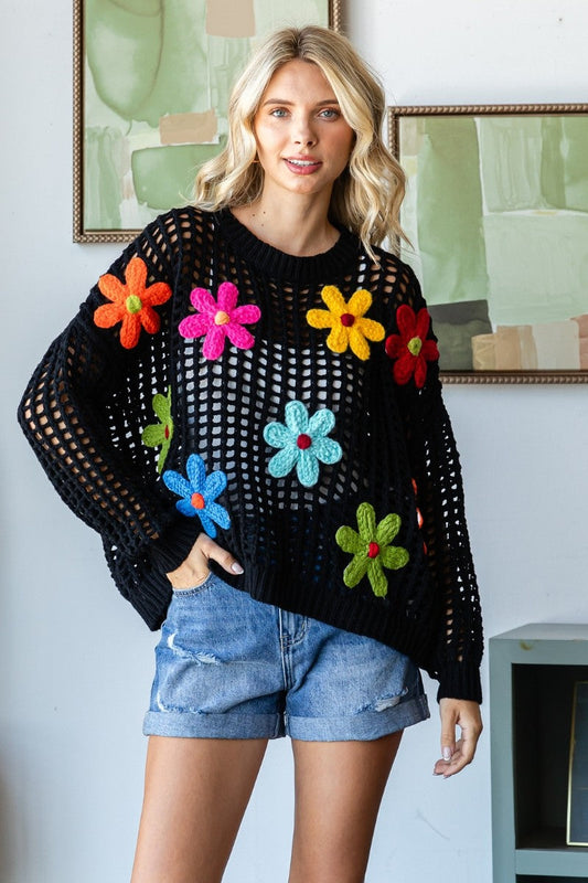 Floral Crochet Waffle Knit Sweater