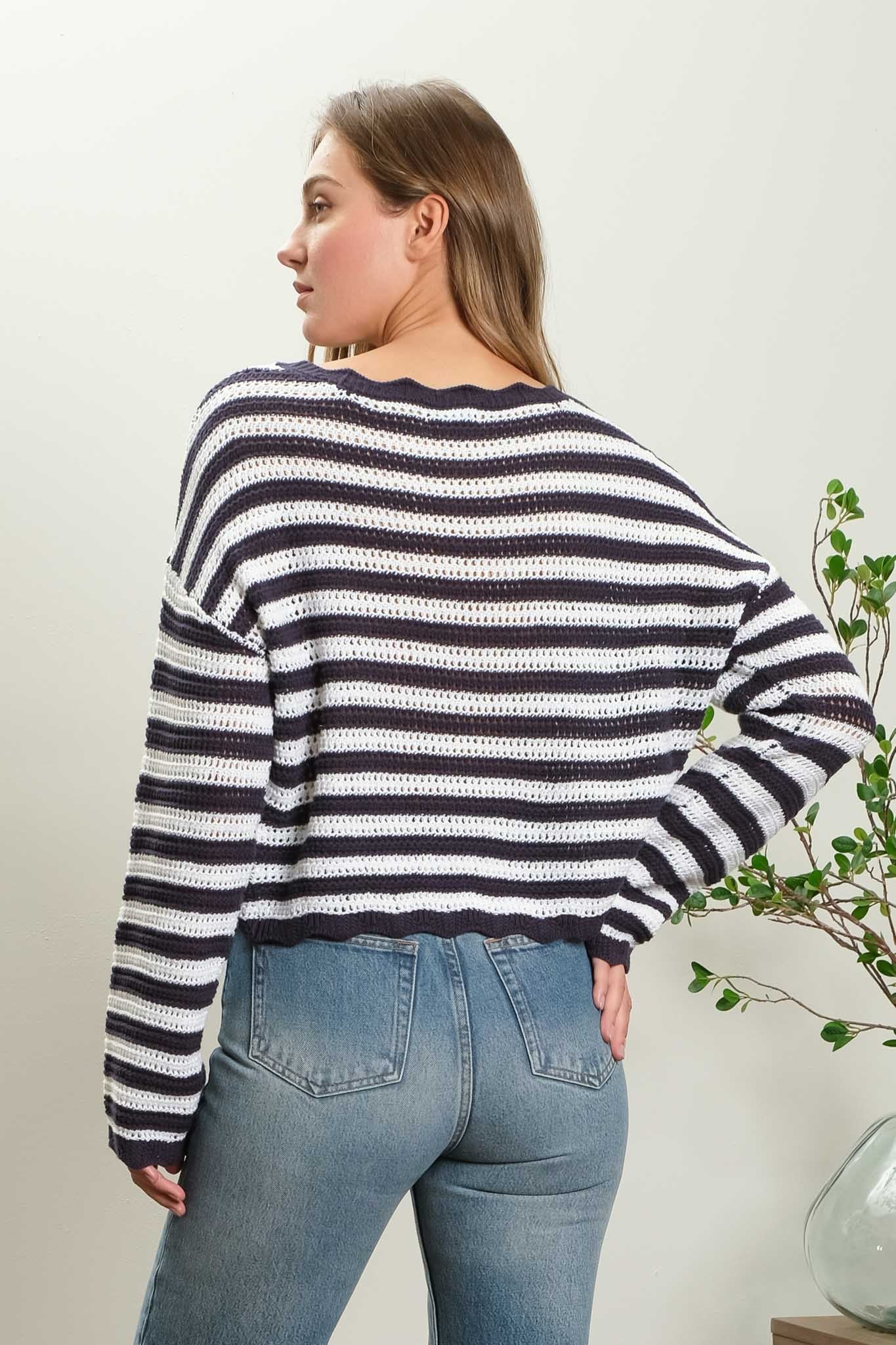 Striped Scallop Trim Pullover Sweater