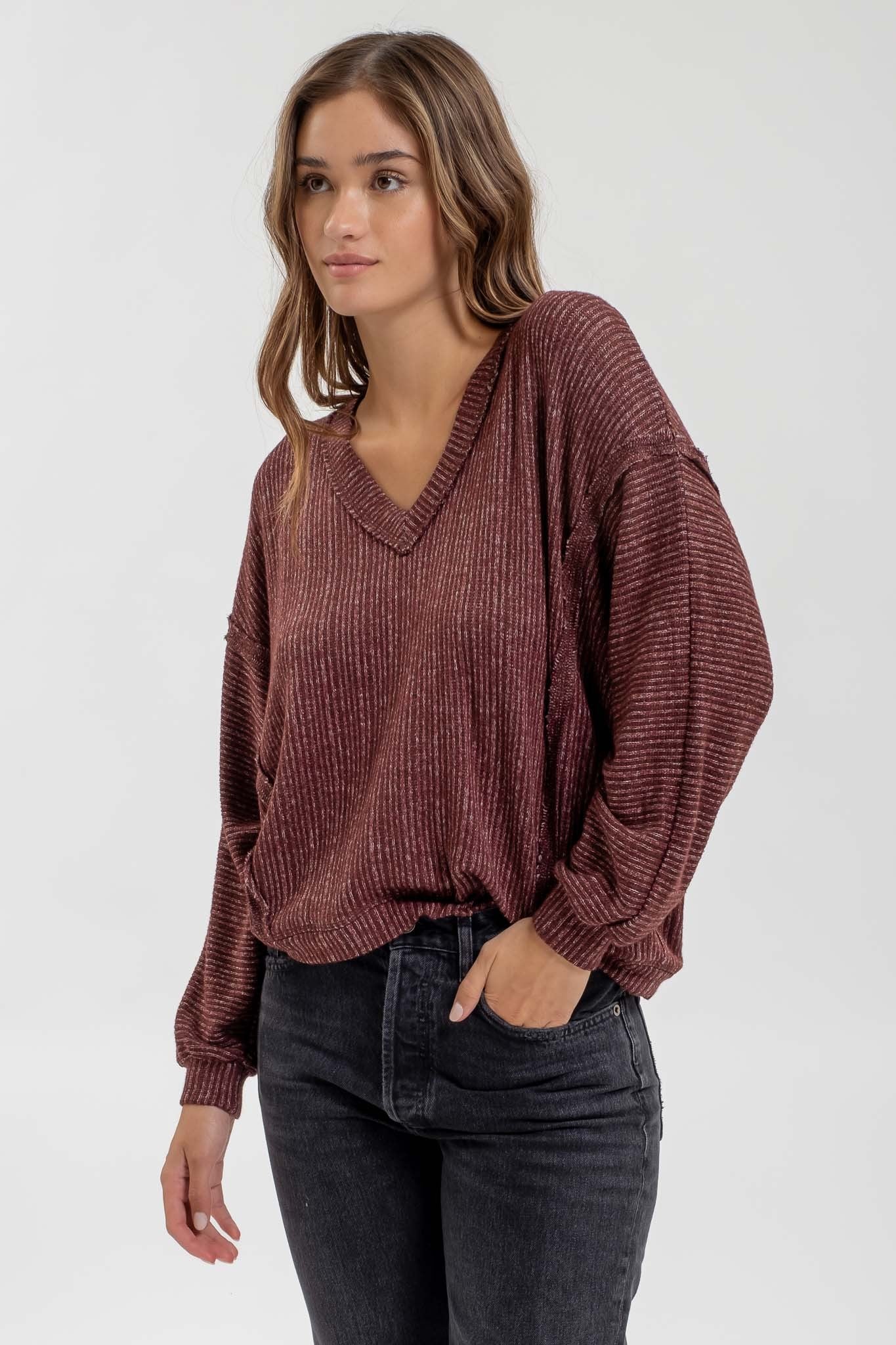V-Neck Drop Shoulder Long Sleeve Shirt