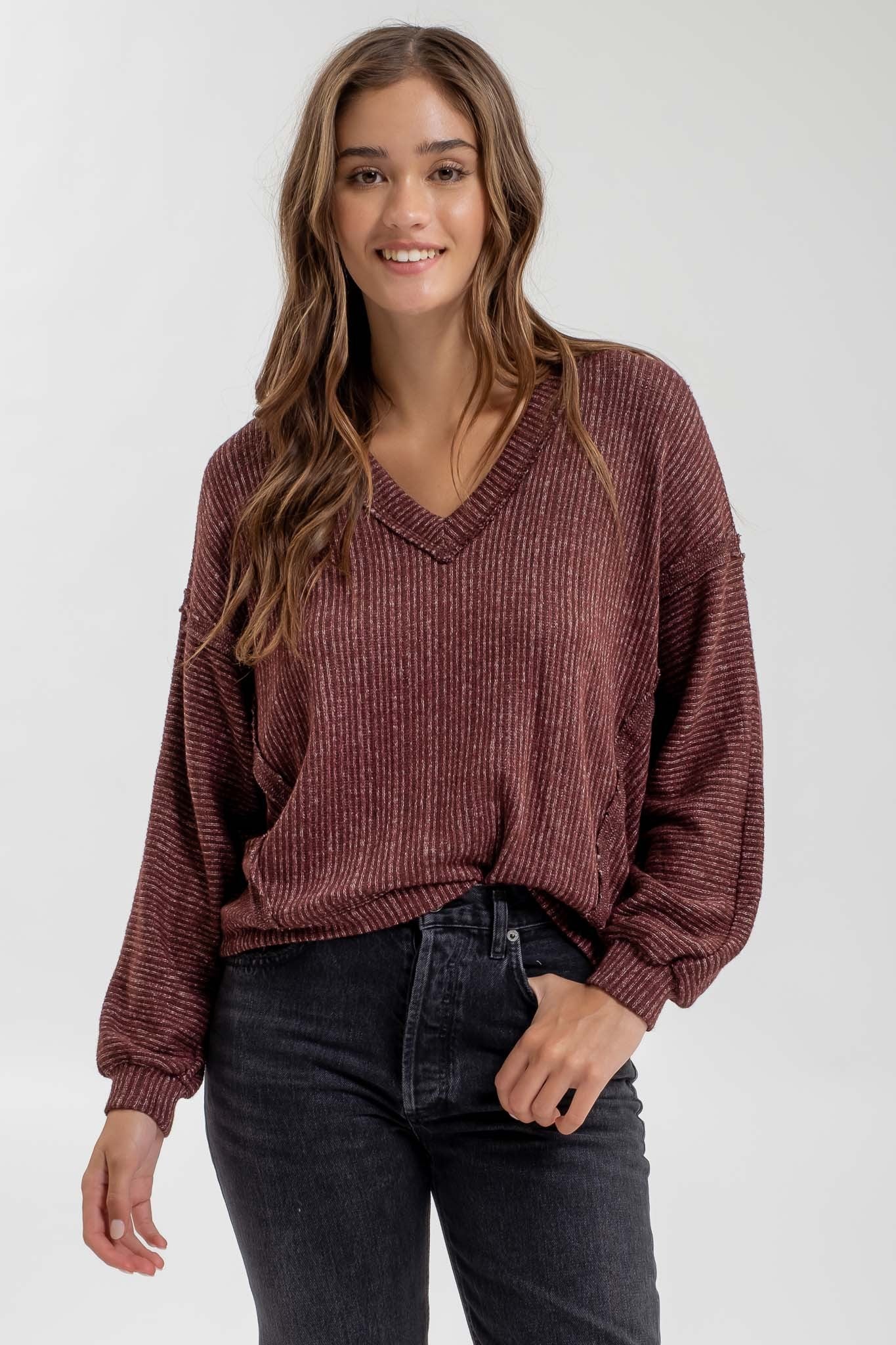 V-Neck Drop Shoulder Long Sleeve Shirt