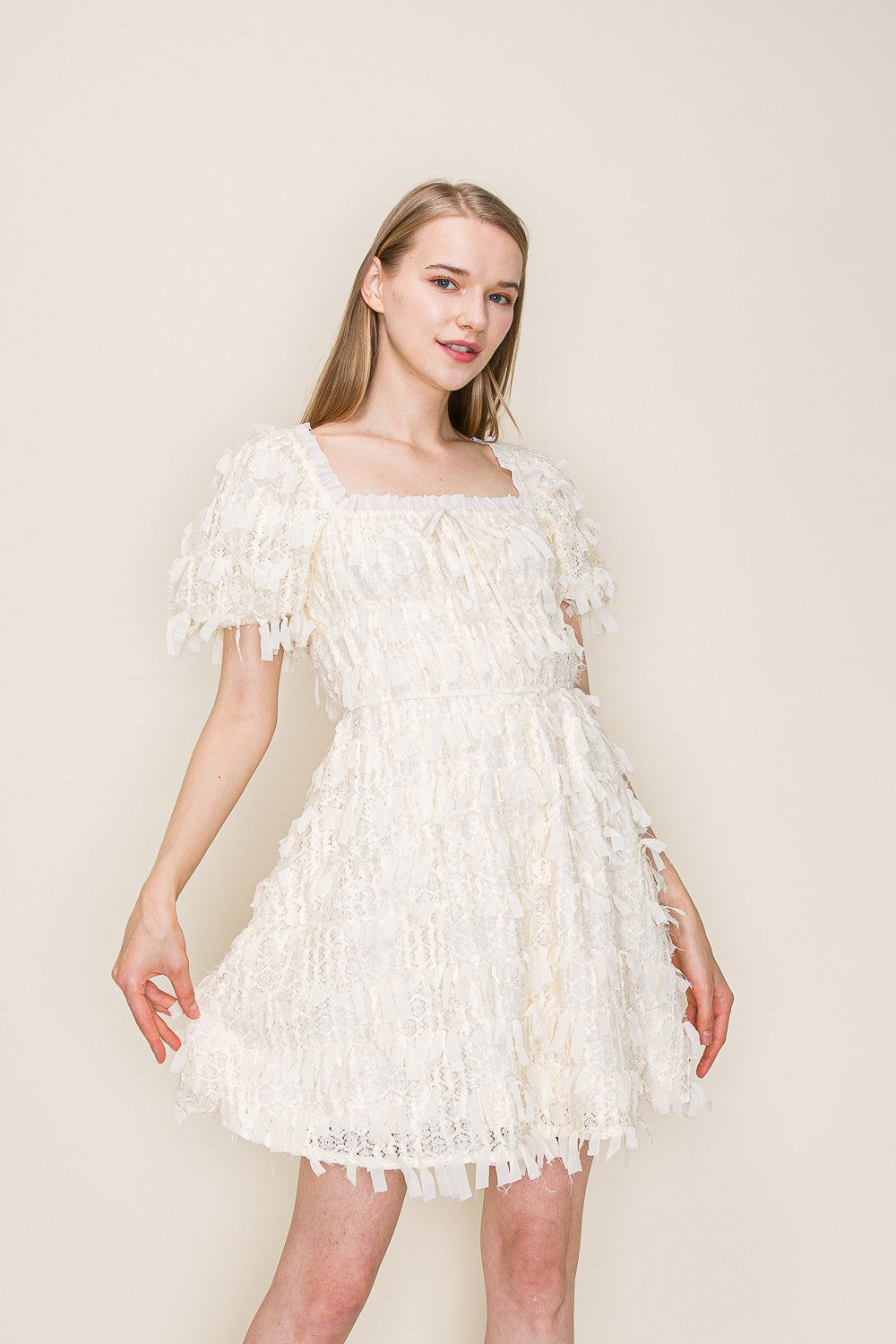 Romantic Celebration Textured Lace Square Neck Mini Dress