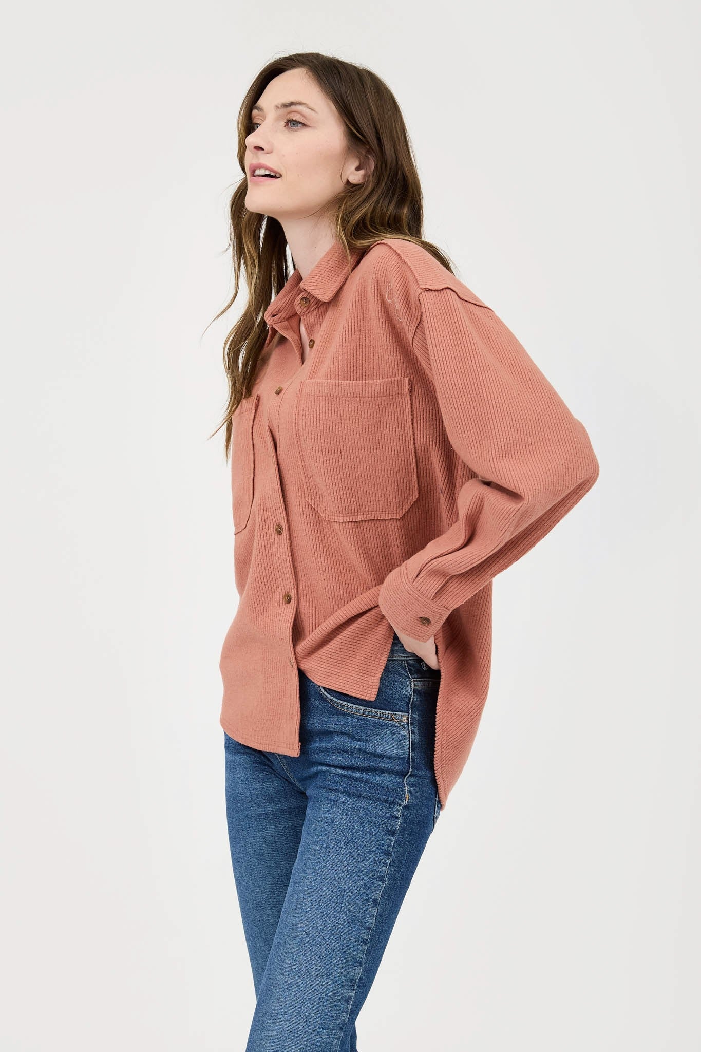 Rib Knit Exposed Seam Button Up Top