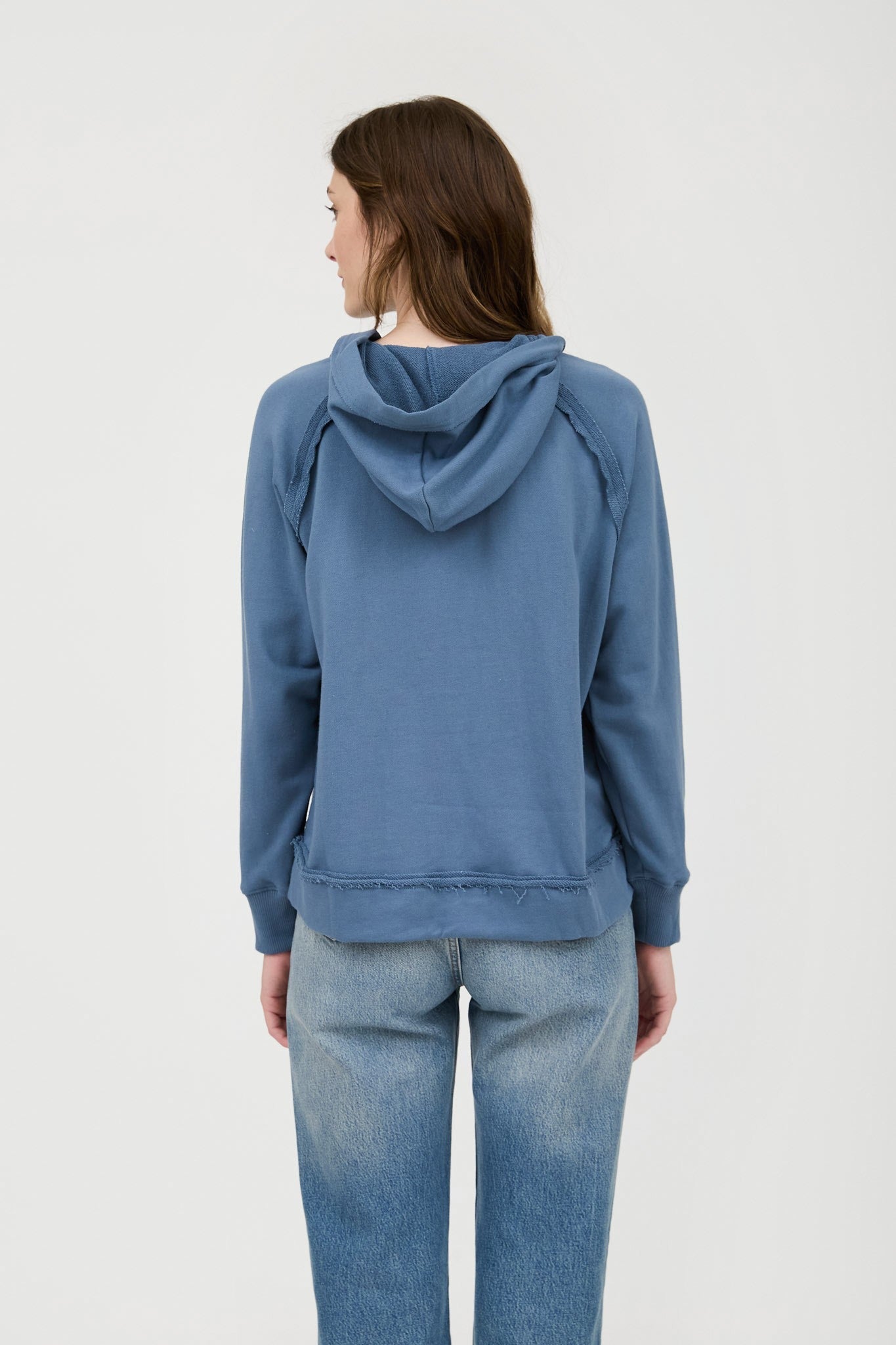Hooded V-Neck Raw Edge Long Sleeve Knit Top