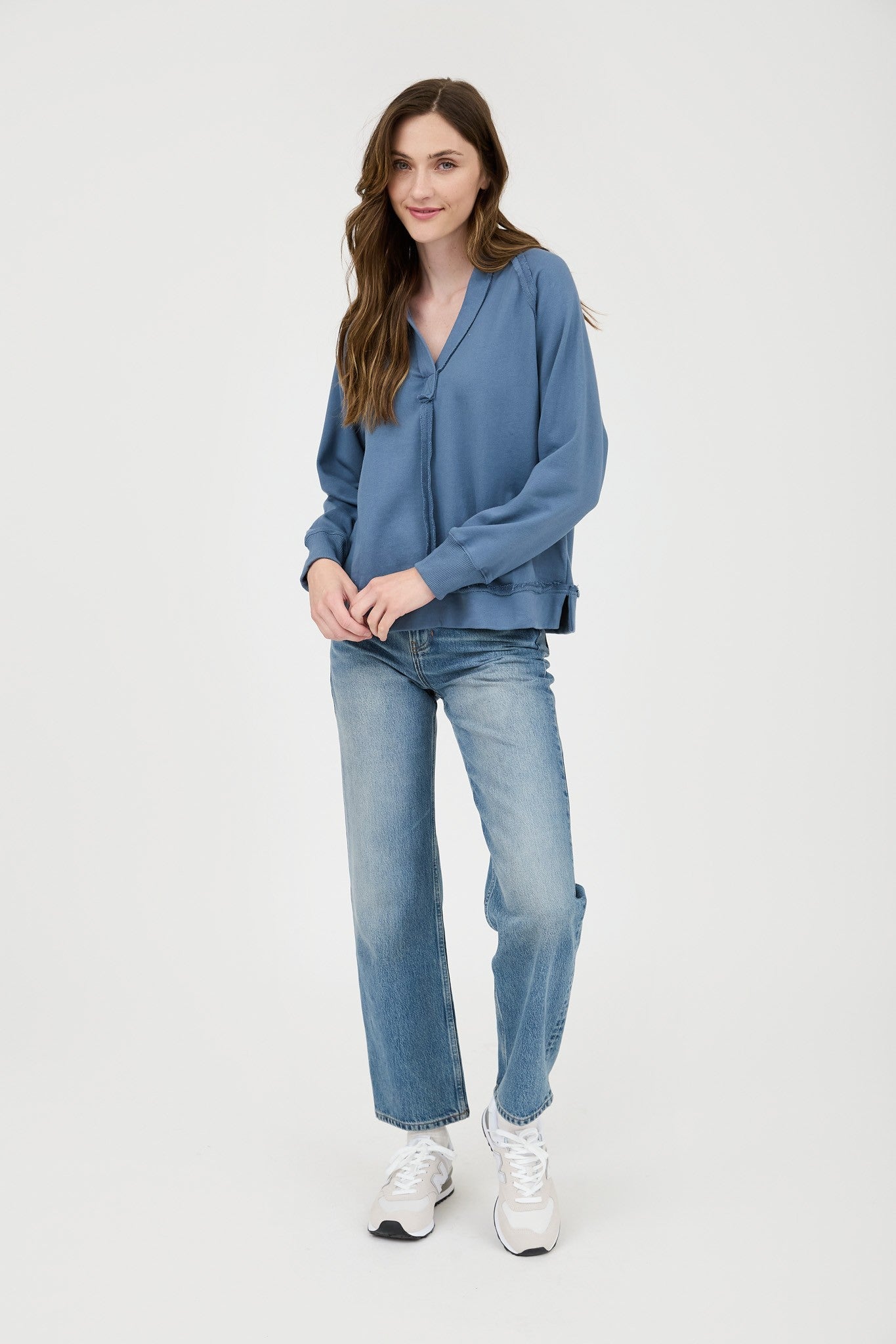 Hooded V-Neck Raw Edge Long Sleeve Knit Top