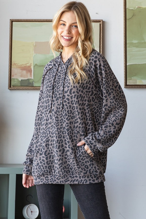 Long Puff Sleeve Animal Print Hoodie
