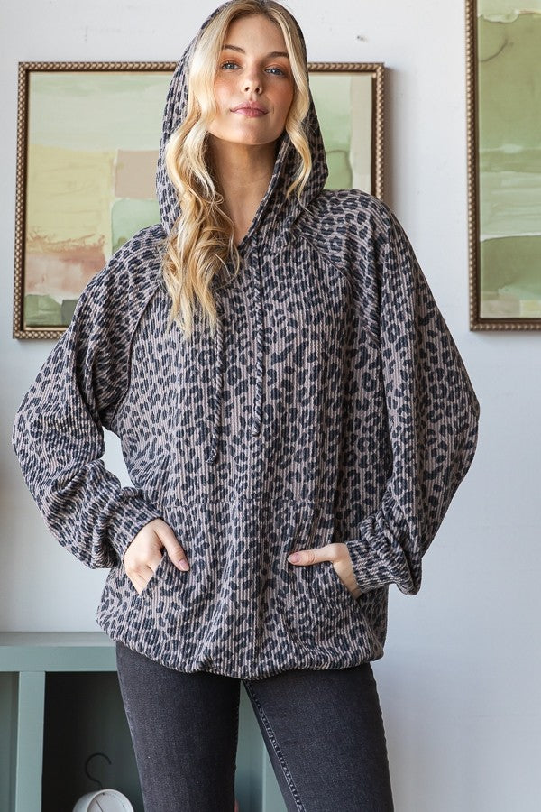 Long Puff Sleeve Animal Print Hoodie
