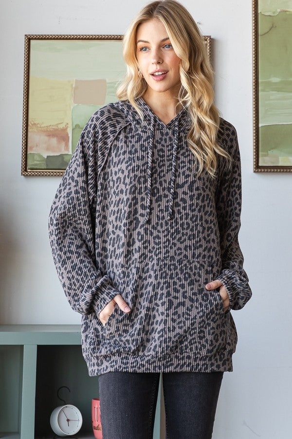 Long Puff Sleeve Animal Print Hoodie