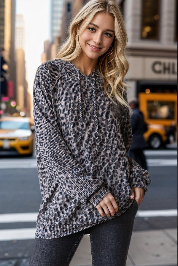 Long Puff Sleeve Animal Print Hoodie