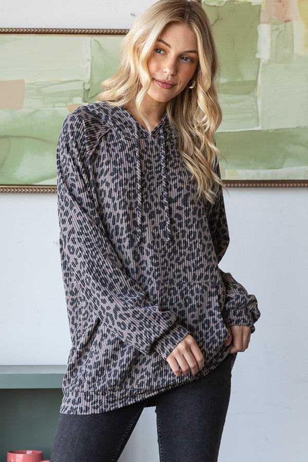 Long Puff Sleeve Animal Print Hoodie