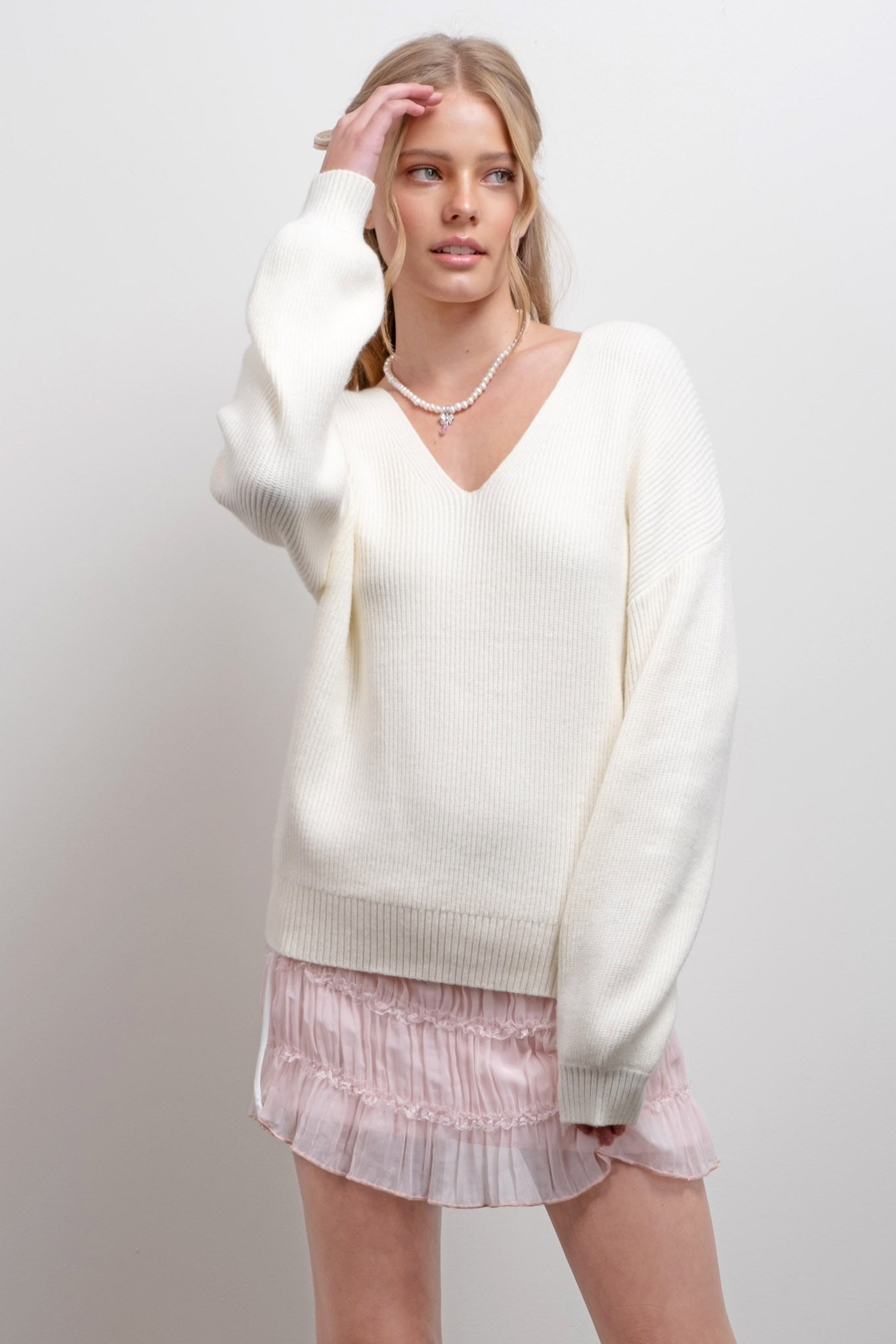 V Neck drop shoulder bow tie detail sweater