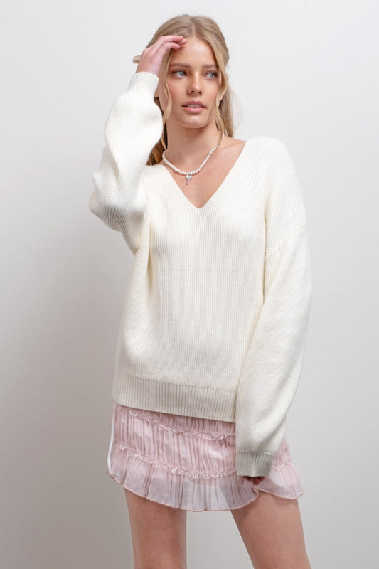 V Neck drop shoulder bow tie detail sweater