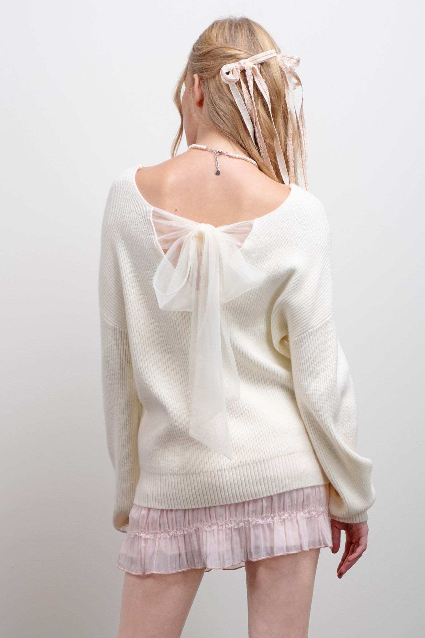 V Neck drop shoulder bow tie detail sweater