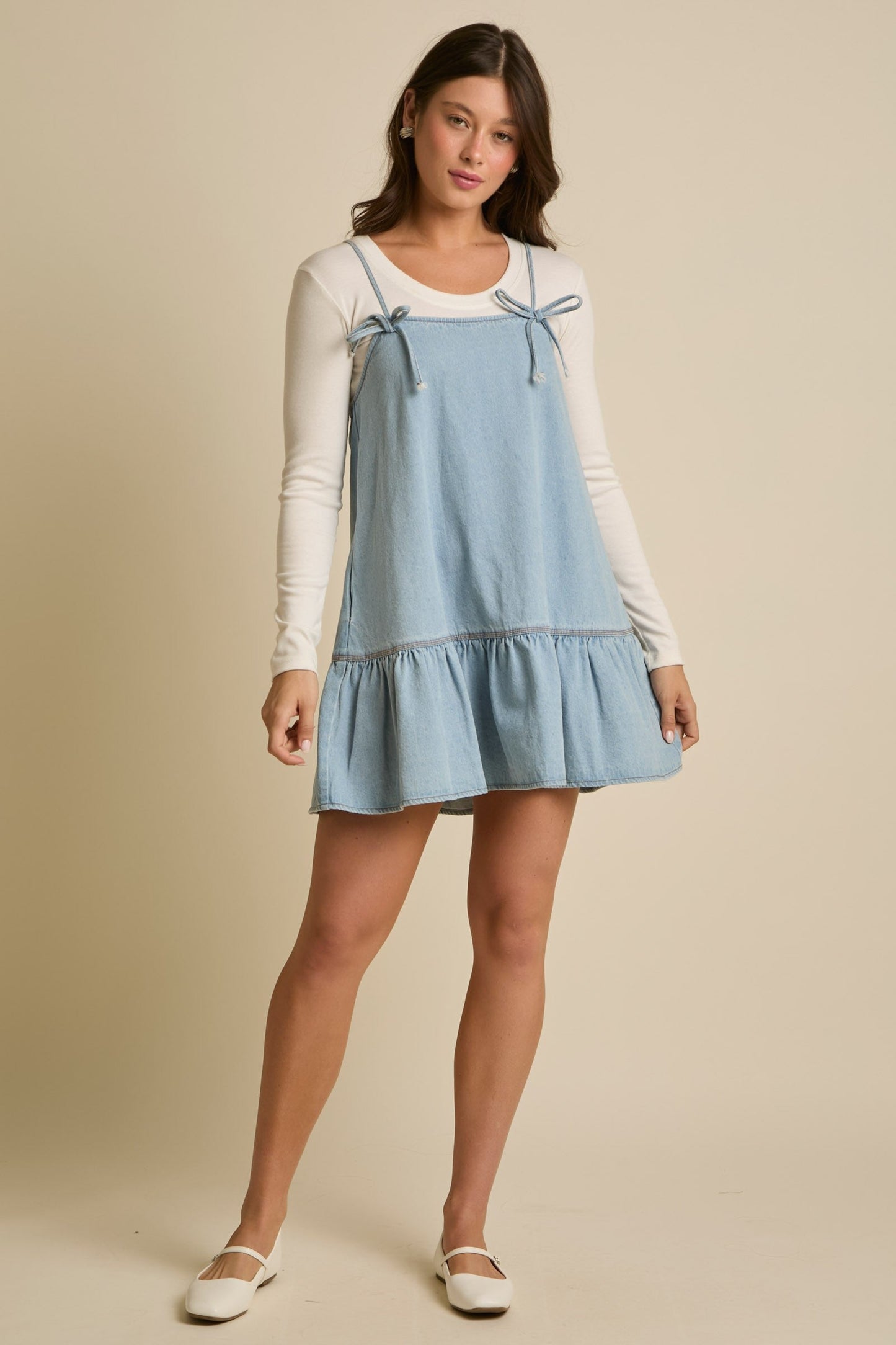 Denim Mini Dress with Ribbon Bow Detail