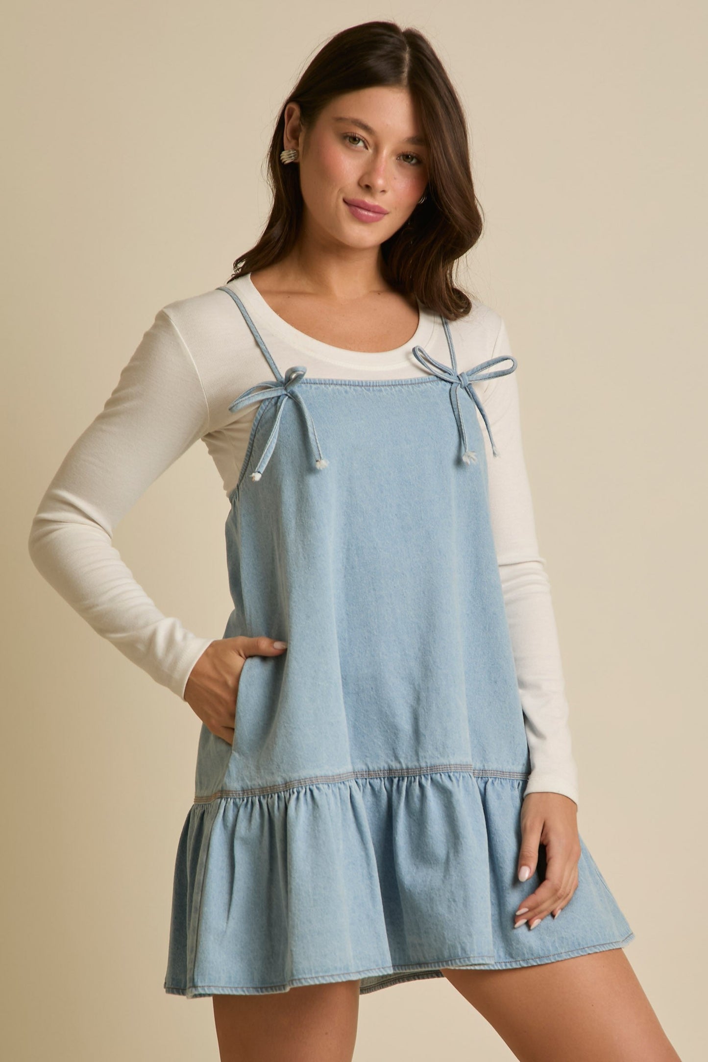 Denim Mini Dress with Ribbon Bow Detail