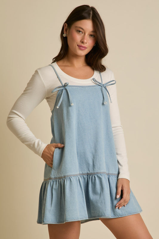 Denim Mini Dress with Ribbon Bow Detail