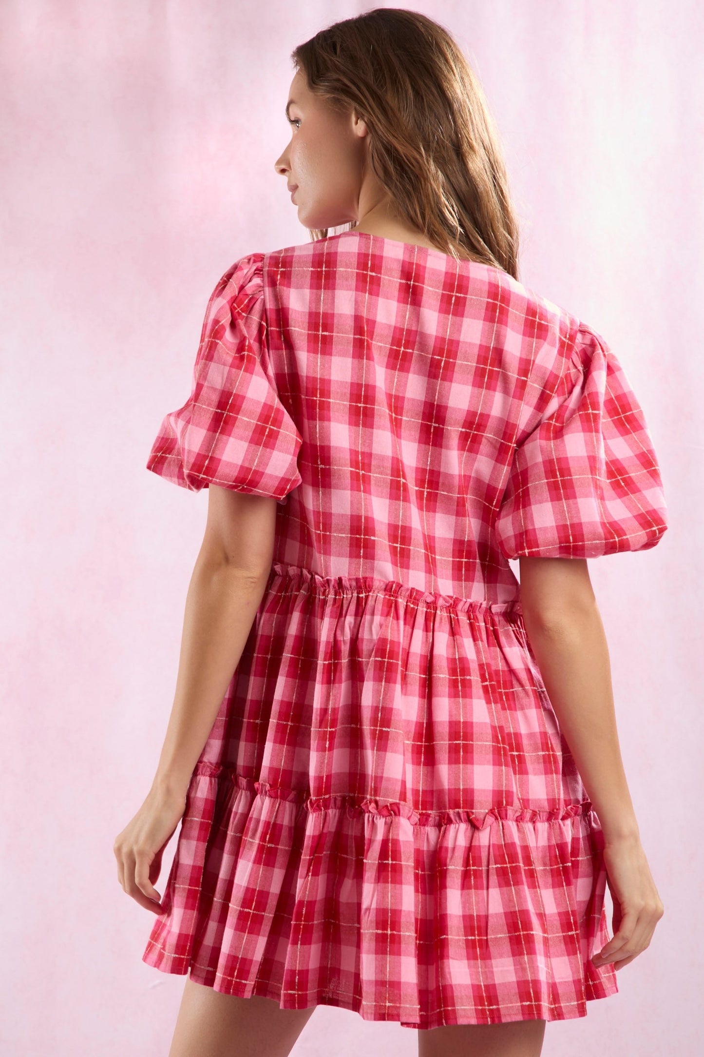 Plaid Tied Bow Bubble Sleeve Dress