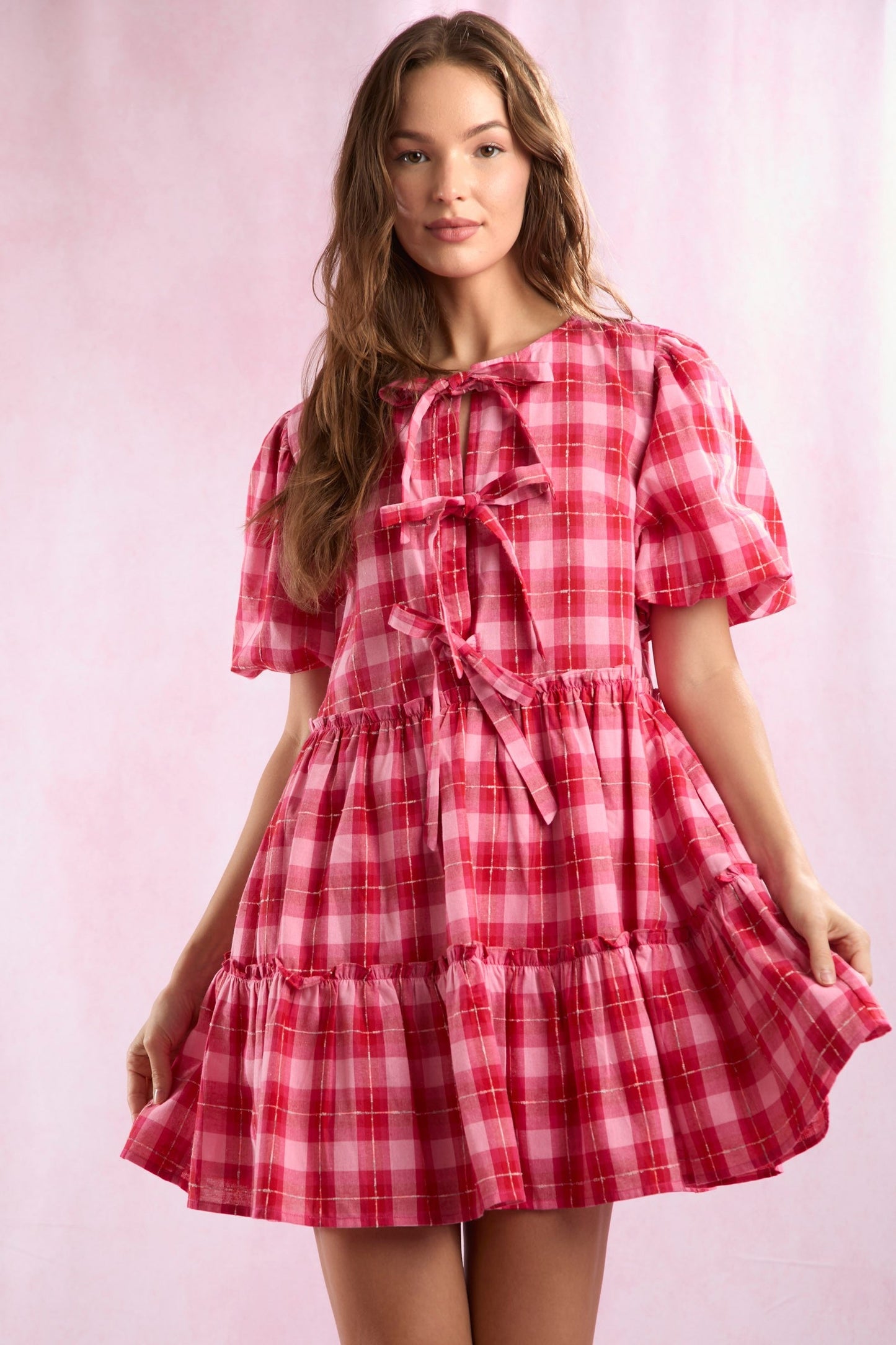Plaid Tied Bow Bubble Sleeve Dress