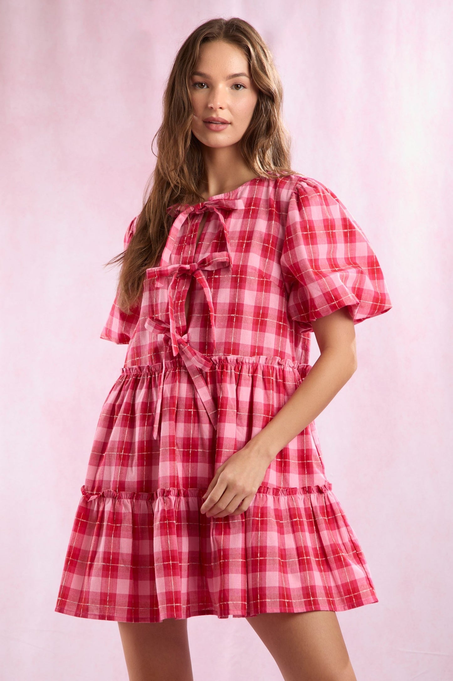 Plaid Tied Bow Bubble Sleeve Dress