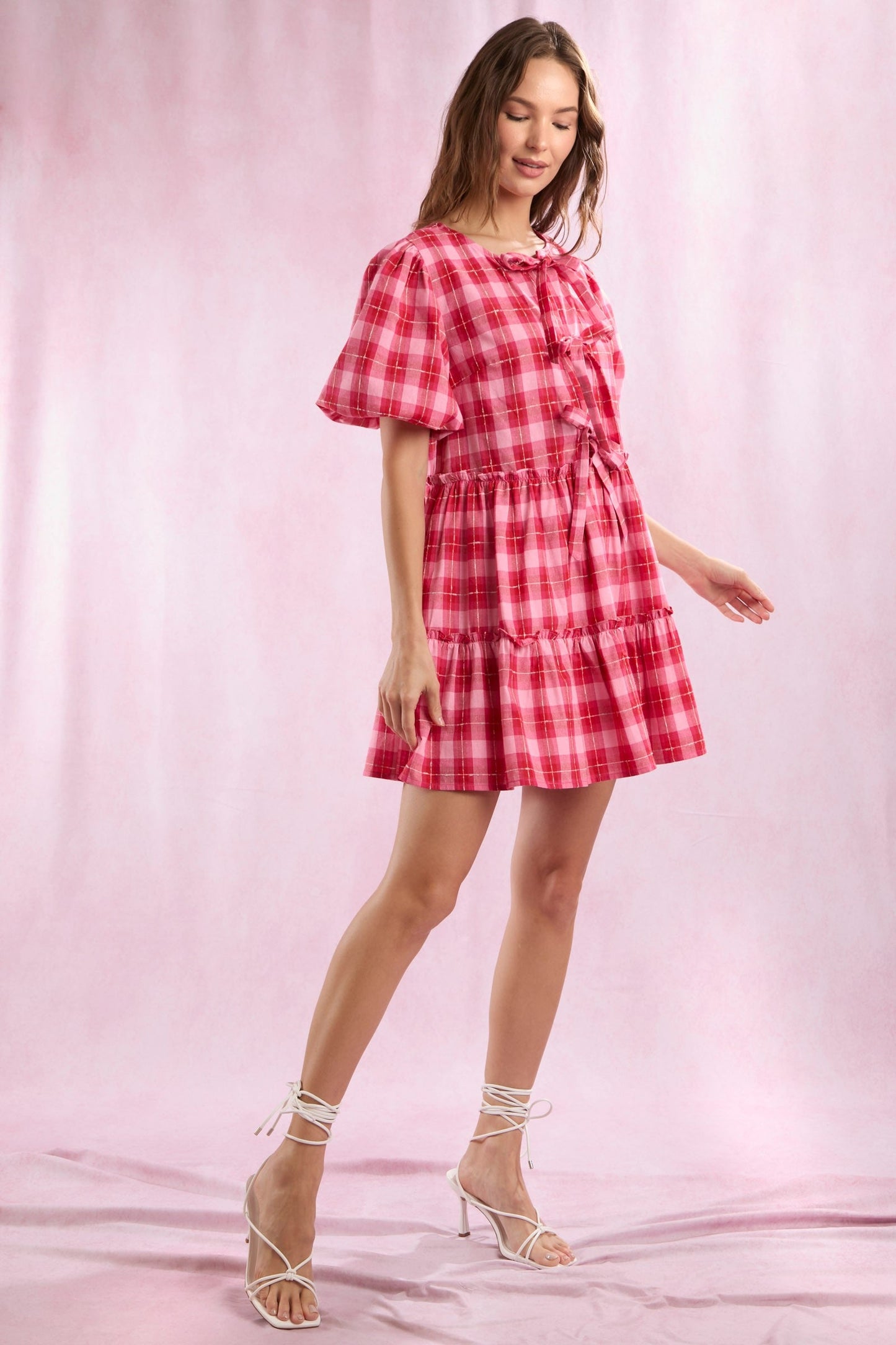 Plaid Tied Bow Bubble Sleeve Dress