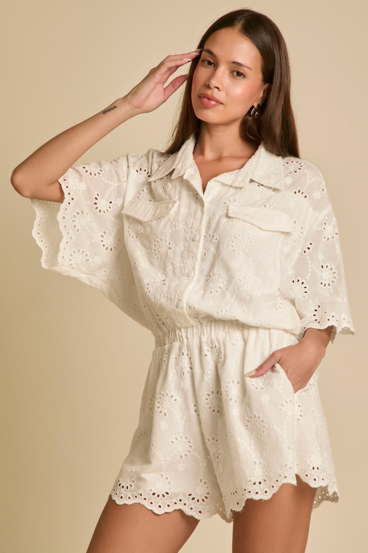 Eyelet Lace Pocket Romper