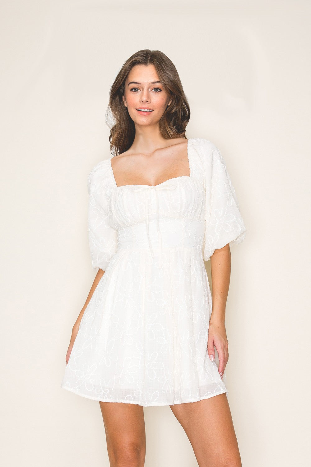 B-RIGHT APPARELTextured Ivory Mini Dress With Bubble Midi Sleeves