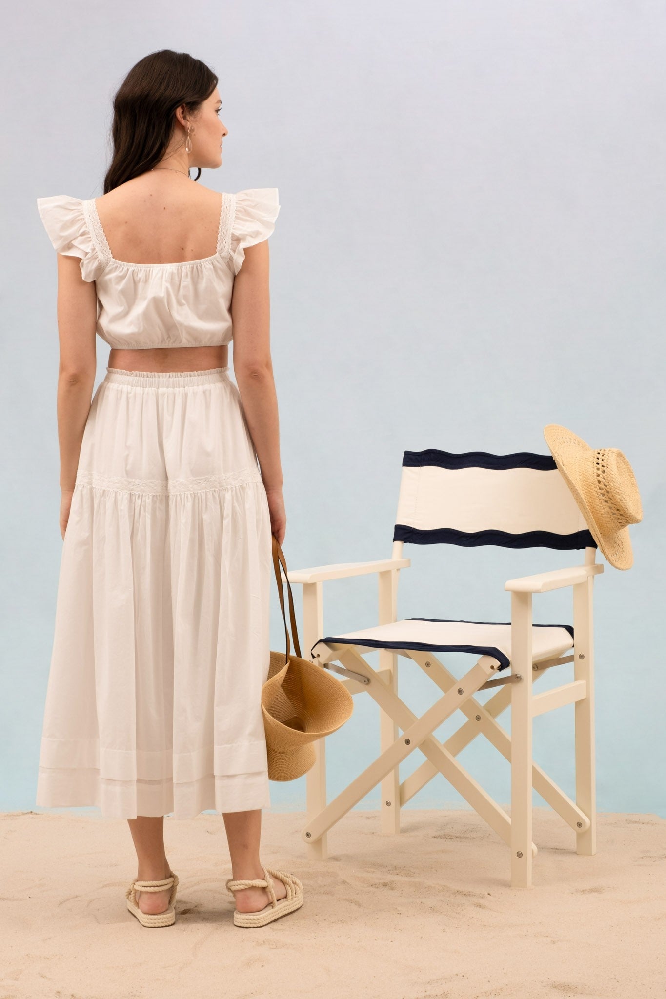 Square Neck Crochet Ruffle Sleeve Crop Top