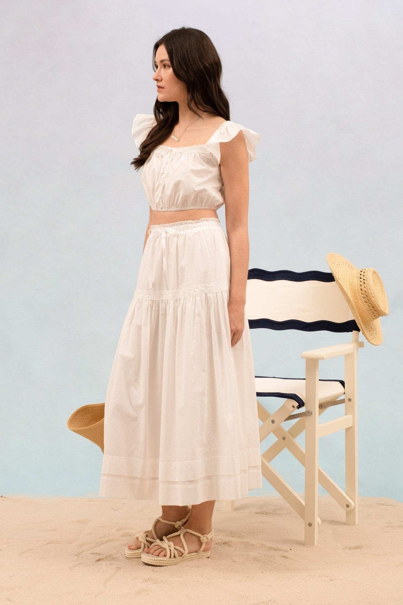 Square Neck Crochet Ruffle Sleeve Crop Top