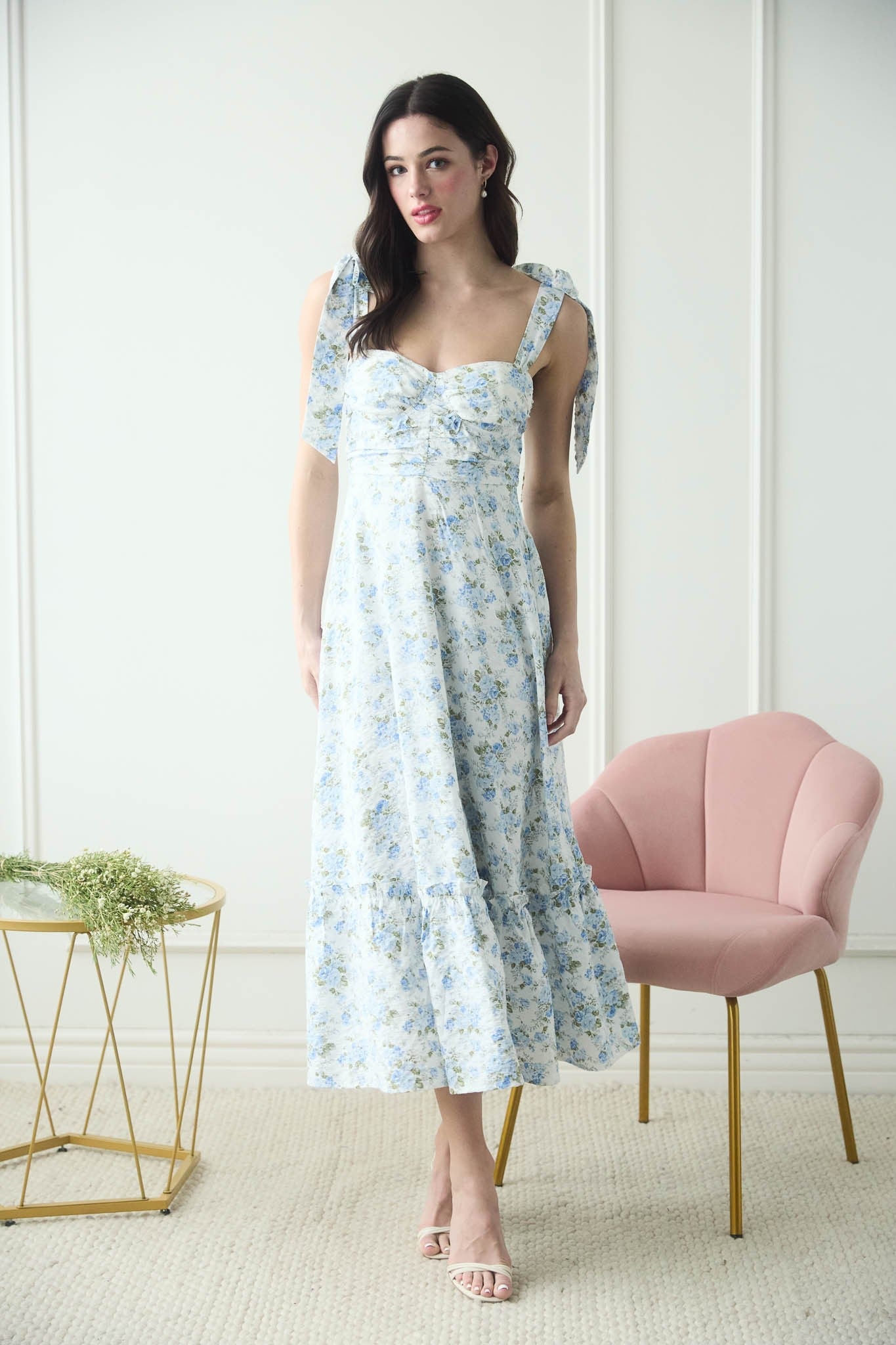 Floral Tie Strap Ruched Detail Maxi Dress