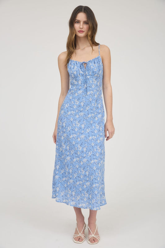 Floral Spaghetti Strap Front Tie Midi Dress